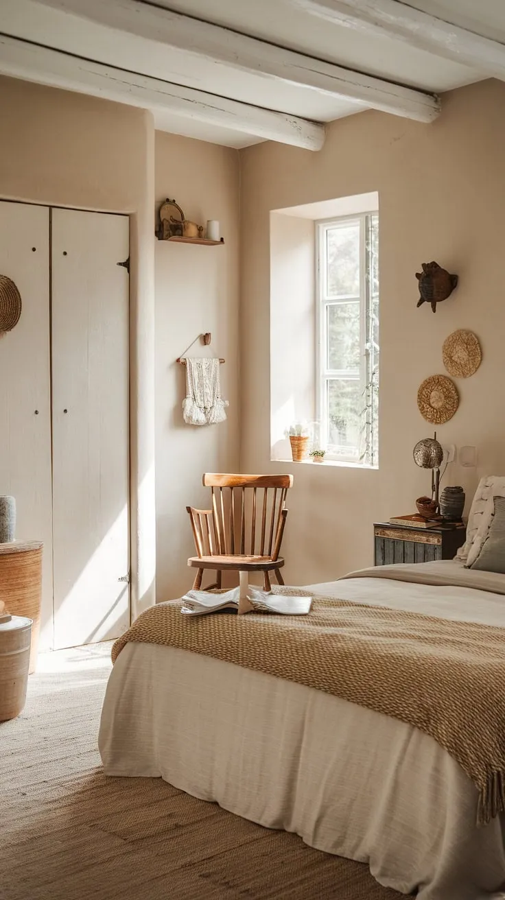 A neutral-toned cottage bedroom evokes tranquility with its simple furnishings and soft natural light.