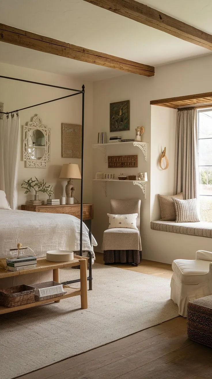 A charming cottage bedroom, bathed in warm light and featuring a neutral palette, offers a peaceful and inviting retreat