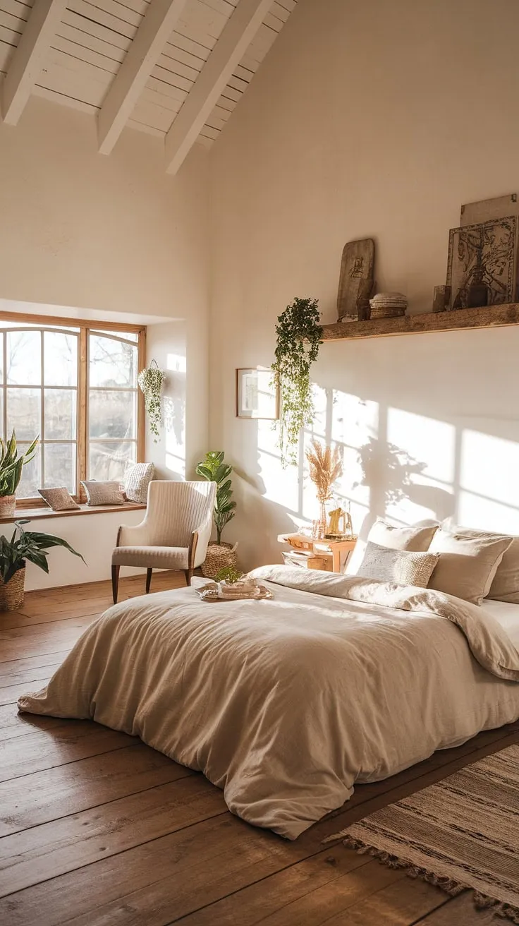 A high-ceilinged bedroom bathed in sunlight offers a peaceful retreat with a country-inspired design and comfortable furnishings.