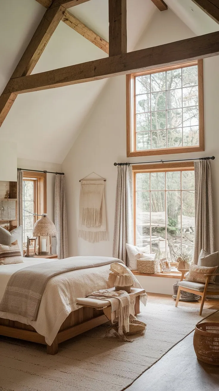 Wooden beams and nature views create a serene country-inspired escape in this cozy bedroom.