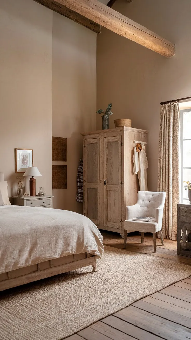 A serene beige and wood palette creates a peaceful French countryside bedroom retreat.