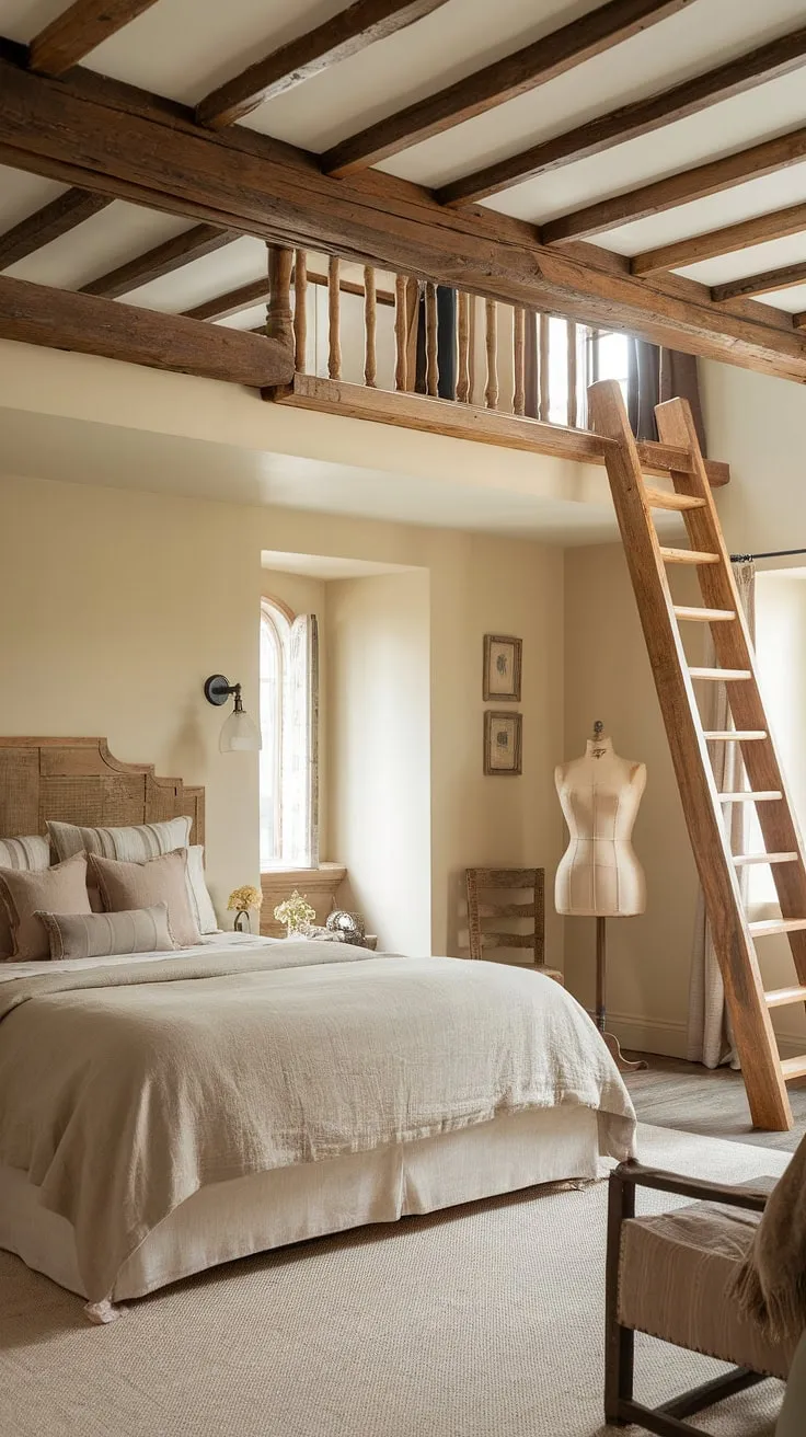 A peaceful cottage bedroom features a neutral palette, wooden beams, and a loft accessed by a ladder.