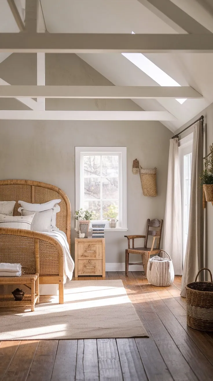 Sunlight streams into a charming cottage bedroom, its high ceiling and rustic details creating a peaceful retreat.