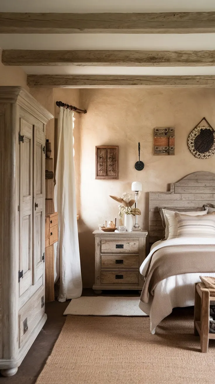 A charming cottage bedroom's neutral palette and wooden furniture create a warm and inviting atmosphere.