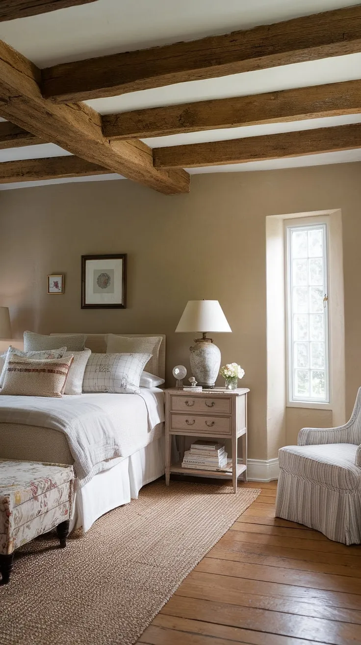 Elegant French cottage charm fills a neutral-toned bedroom with hardwood floors and a queen-size bed