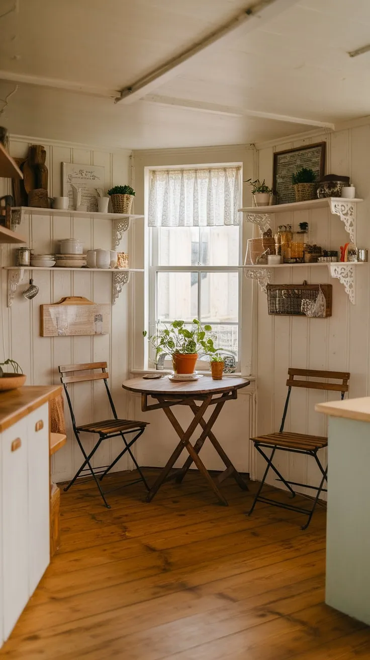 Sunlight streams into this charming cottage breakfast nook, the perfect spot for a leisurely morning in my English cottage kitchen.  The home aesthetic is pure comfort and simple elegance, a dream dining nook come true.