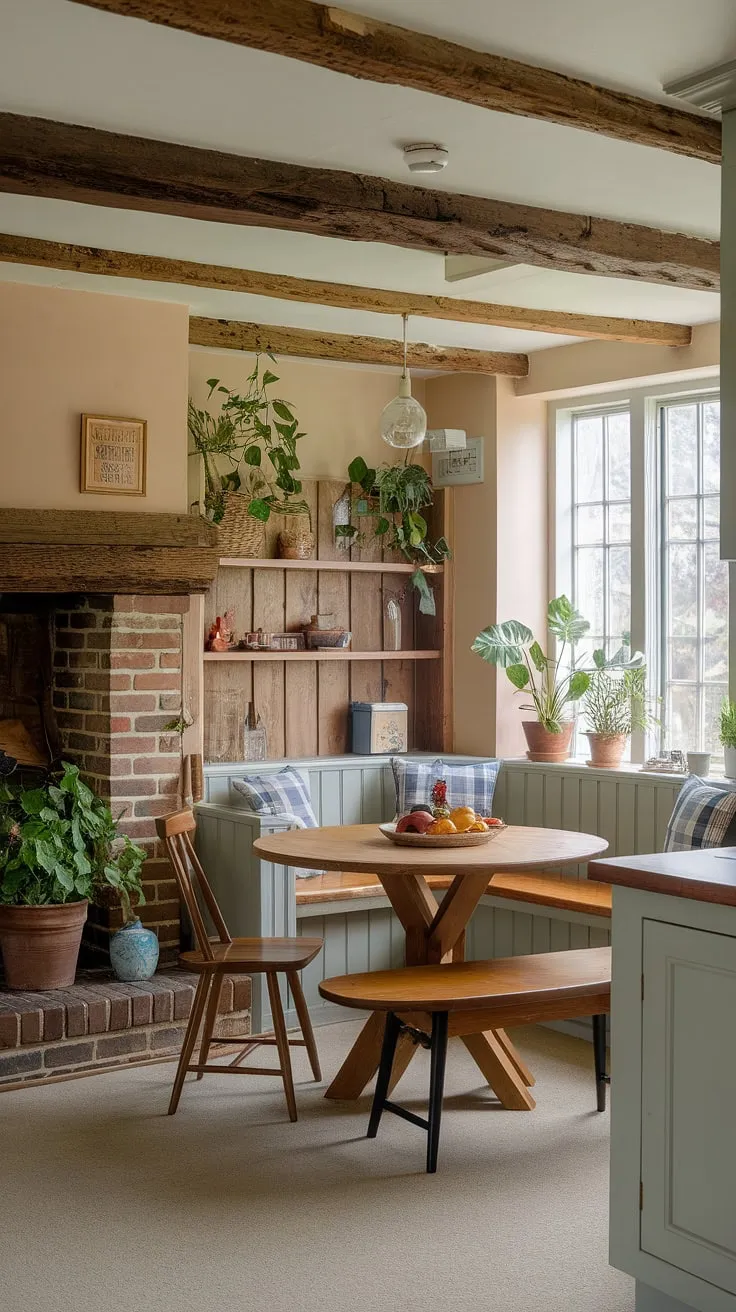Sunlight streams into this charming English cottage kitchen, illuminating the cozy cottage breakfast nook perfect for morning coffee and quiet contemplation. The rustic brick fireplace and exposed beams add to the home aesthetic, creating a truly idyllic dining nook.