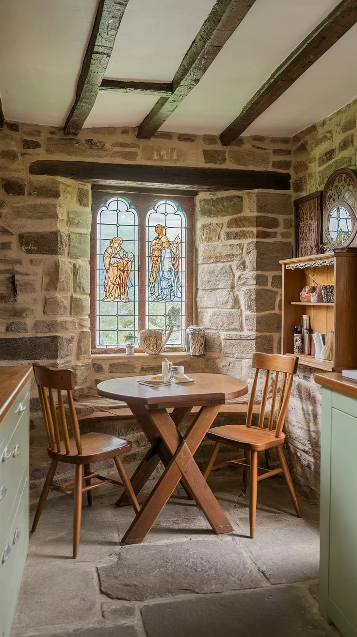 Start your day in this idyllic English cottage kitchen.  The quaint kitchen nook, a perfect dining nook, offers a rustic and charming setting for breakfast. This cottage breakfast nook embodies a home aesthetic that's both timeless and inviting, with its stone floors and captivating stained-glass window.
