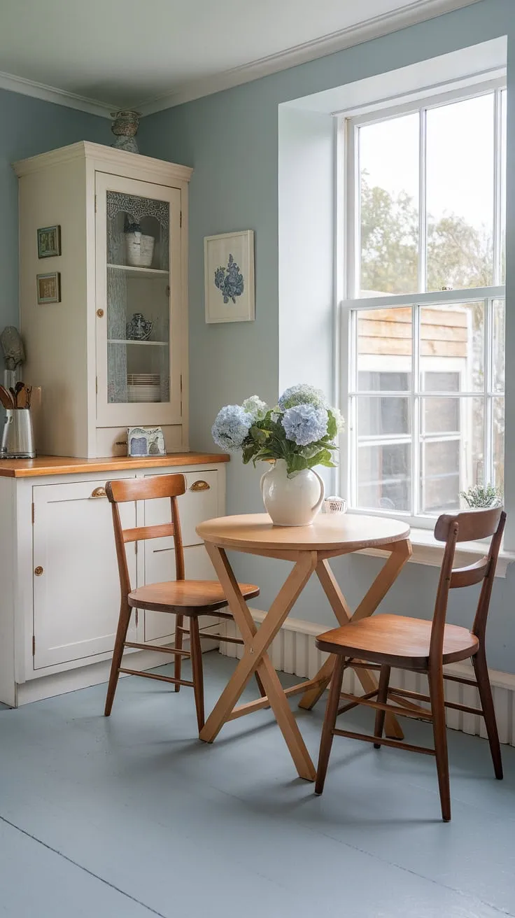 Sunlight streams into this charming cottage breakfast nook, the perfect spot for a leisurely morning in my English cottage kitchen.  The home aesthetic is pure coziness, a delightful blend of rustic charm and modern comfort.  This little dining nook is my happy place.
