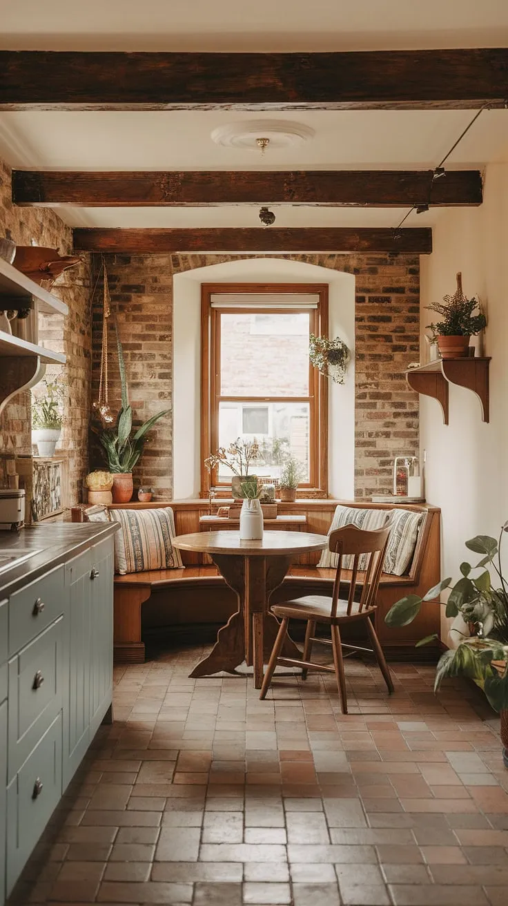 Sunlight streams into this charming cottage breakfast nook, the perfect spot for a leisurely morning in my English cottage kitchen. The home aesthetic is pure bliss.