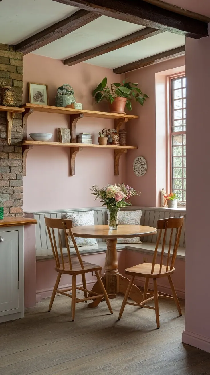 This cozy kitchen nook, a delightful dining nook in my English cottage, embodies the perfect home aesthetic.  Cottage kitchen dreams really do come true.