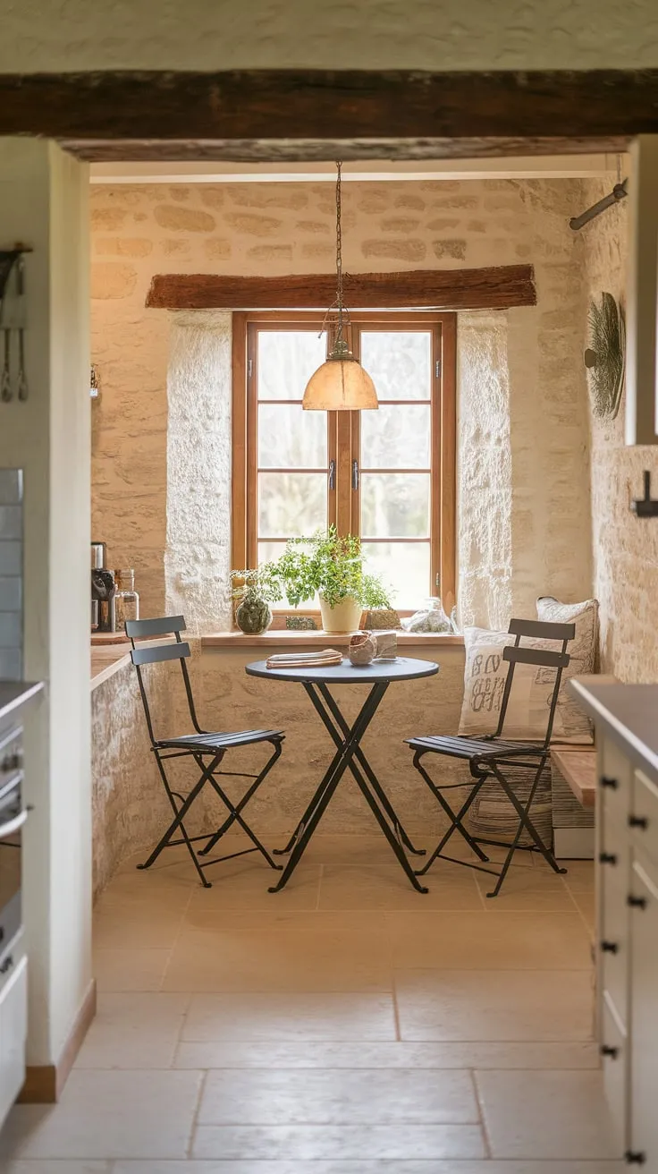 A cozy cottage kitchen, complete with a delightful dining nook. This little kitchen nook is the heart of my English cottage home, embodying a simple yet elegant home aesthetic.