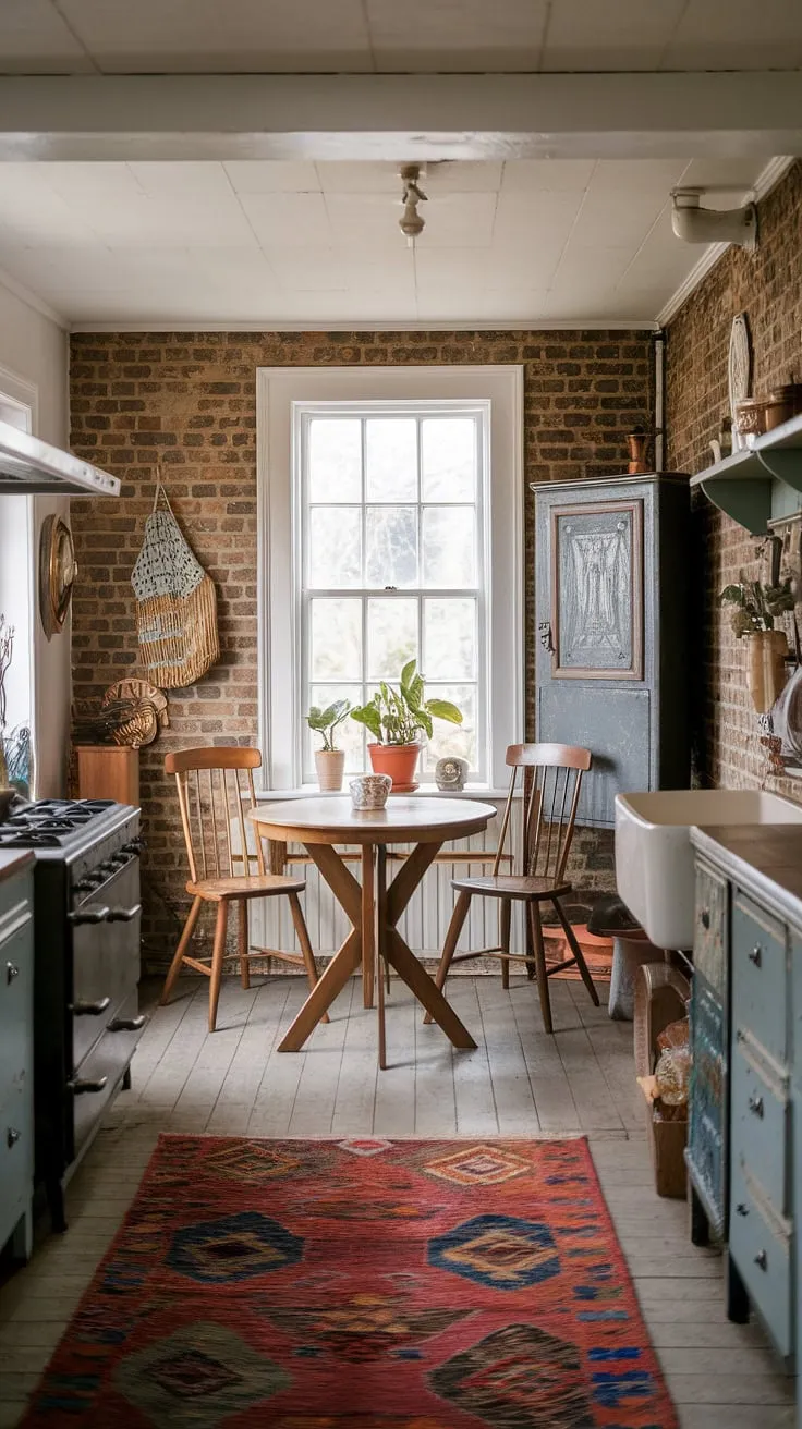 Sunlight streams into this charming cottage kitchen, illuminating the cozy cottage breakfast nook perfect for morning coffee and quiet contemplation.  The English cottage aesthetic, complete with exposed brick and a vintage cupboard, creates a warm and inviting home aesthetic.