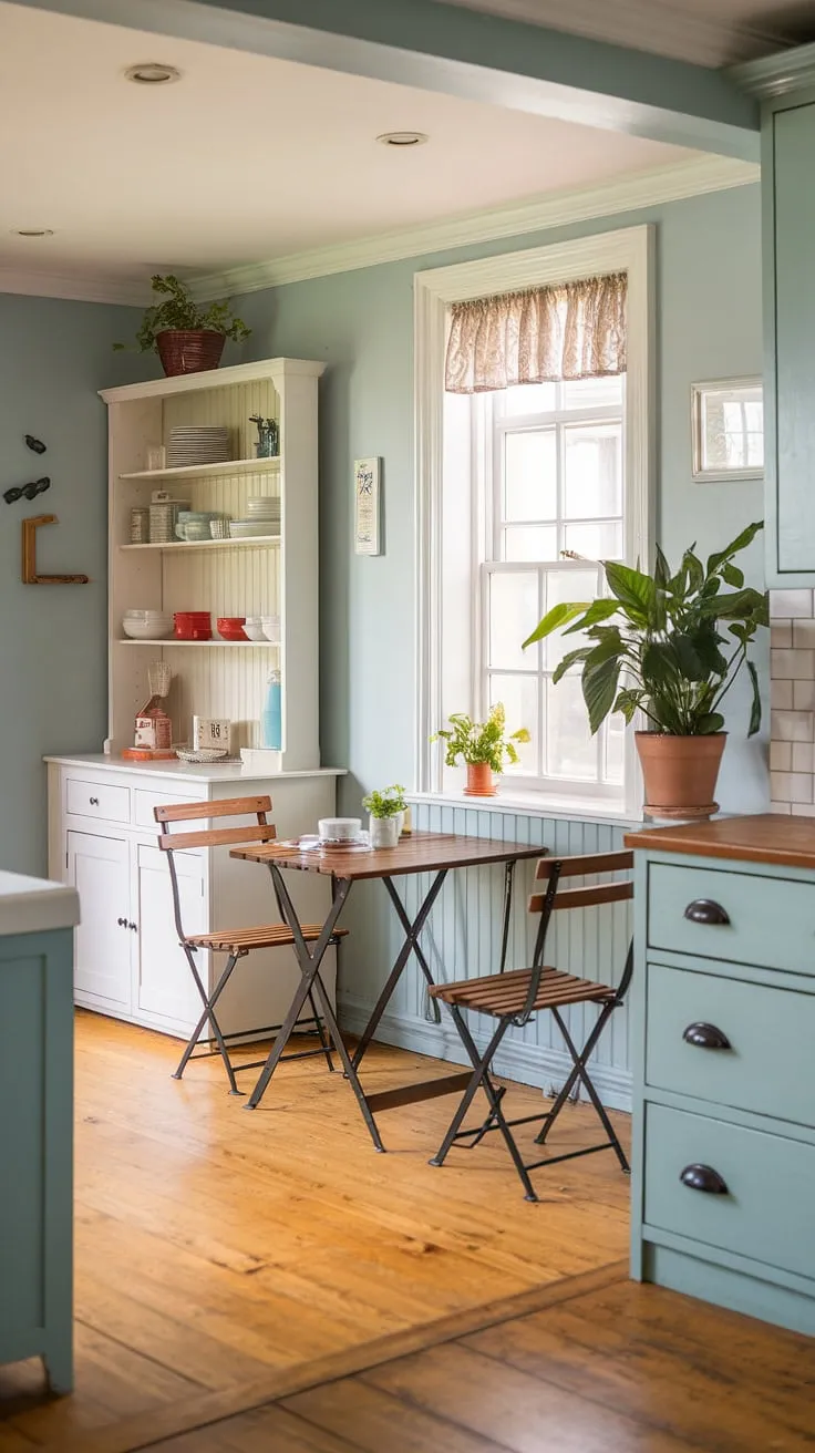 Sunlight streams into this charming cottage breakfast nook, the perfect spot for a leisurely morning in my English cottage kitchen.  The home aesthetic is pure bliss.