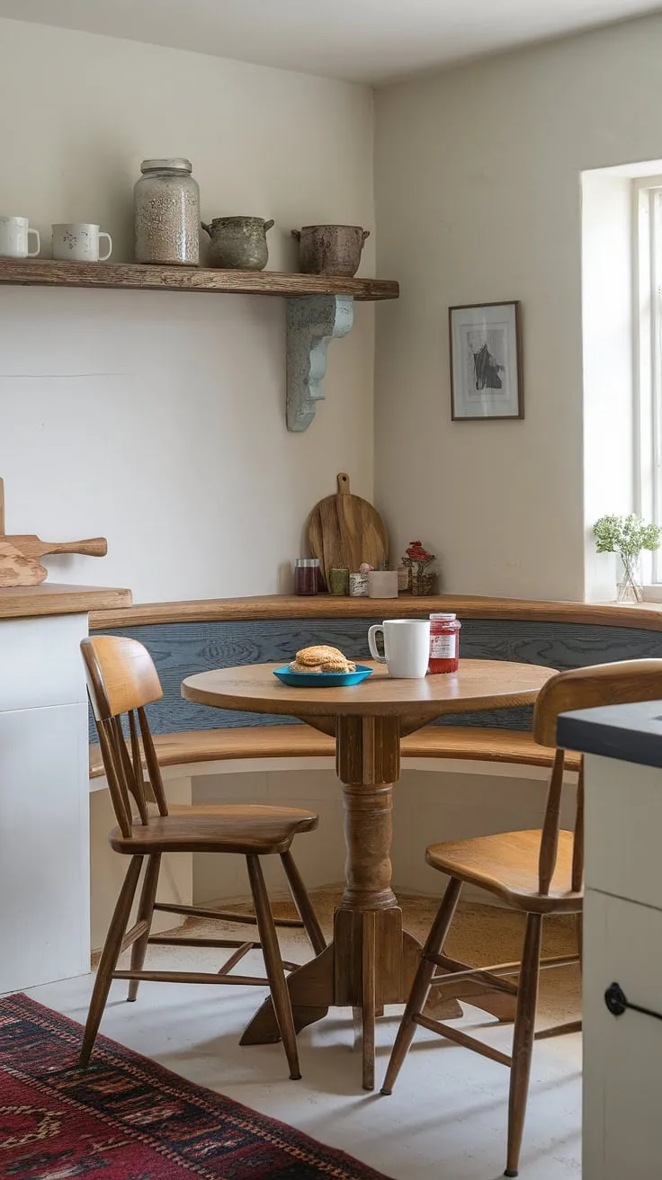 Sunlight streams into this charming cottage breakfast nook, the perfect spot for a leisurely morning in my English cottage kitchen.  The home aesthetic is pure bliss.