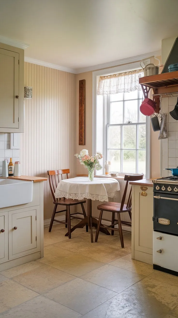 Sunlight streams into this charming cottage breakfast nook, the perfect spot for a leisurely morning in my English cottage kitchen.  The home aesthetic is pure comfort and coziness, making this little dining nook my favorite place in the house.