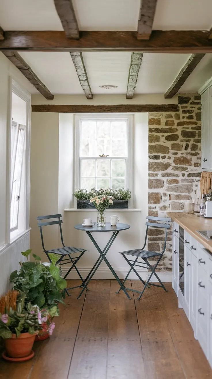 Sunlight streams into this charming cottage breakfast nook, the perfect spot for a leisurely morning in my English cottage kitchen. The home aesthetic is pure bliss.
