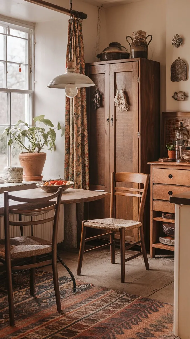 Escape to this idyllic English cottage kitchen, where a quaint kitchen nook beckons with the promise of lazy breakfasts.  The home aesthetic is pure comfort, defined by the charming dining nook and vintage details of this delightful space.