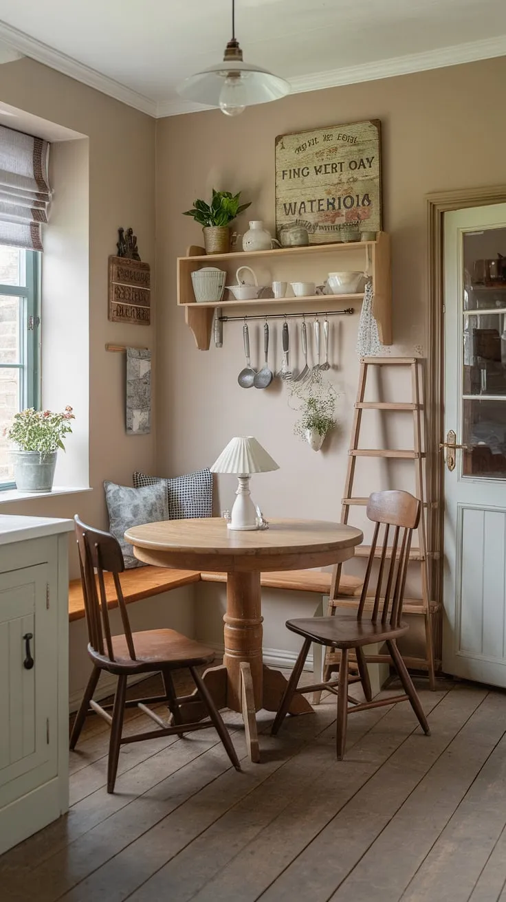 Imagine waking up to this view: a delightful cottage kitchen, complete with a charming kitchen nook perfect for quiet breakfasts. The English cottage style shines through in every detail, from the wooden ladder to the carefully curated shelves. This dining nook is the epitome of a peaceful home aesthetic.