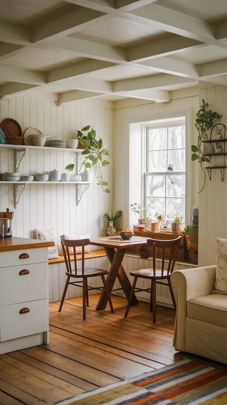 Imagine waking up to this view: a delightful cottage breakfast nook bathed in natural light, nestled within a rustic yet refined cottage kitchen. This kitchen nook, with its dining nook and inviting sofa, embodies the ultimate English cottage home aesthetic.
