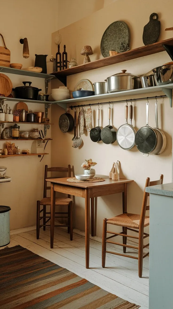Imagine waking up to this: a delightful English cottage kitchen, where a cozy cottage breakfast nook awaits.  The rustic wooden table and shelves overflowing with cookware create a warm and inviting home aesthetic. This dining nook is the heart of this charming space, a perfect blend of practicality and peaceful ambiance.