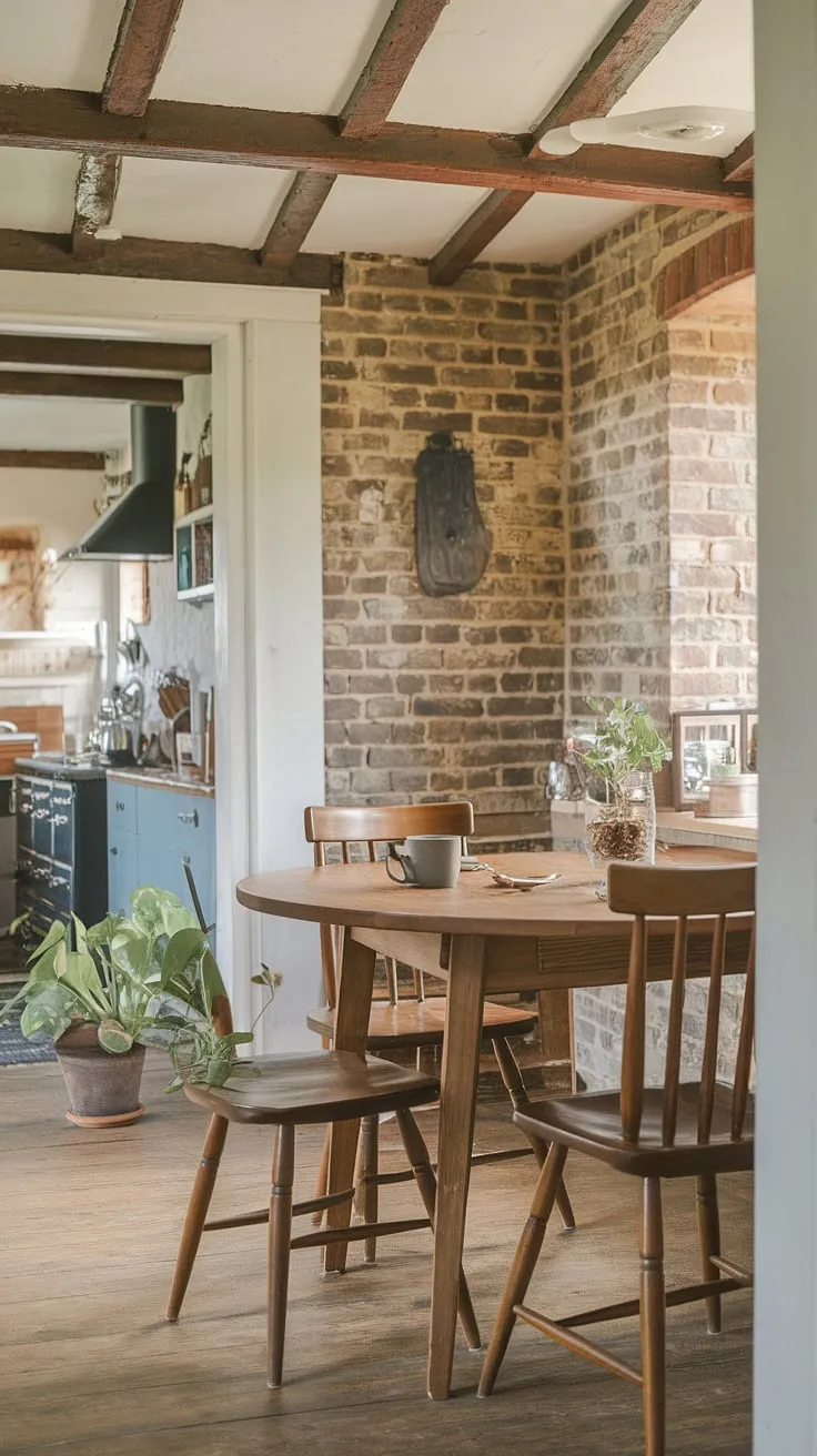 Sunlight streams into this charming cottage breakfast nook, the perfect spot for a leisurely morning in my English cottage kitchen.  The home aesthetic is pure comfort and simple elegance, a dream realized in this cozy dining nook.