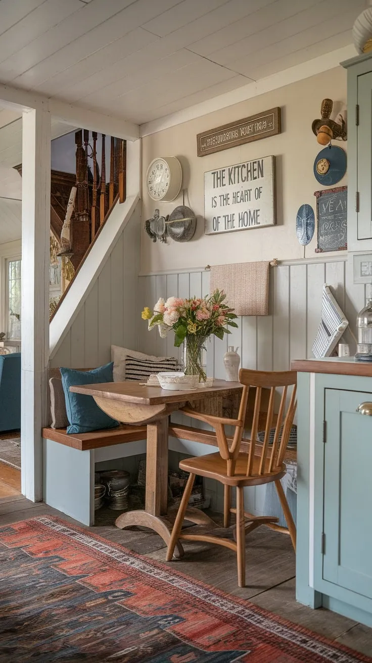 Sunlight streams into this charming cottage breakfast nook, the perfect spot for a leisurely morning in my English cottage kitchen.  The home aesthetic is pure comfort and simple elegance, a dream realized in this cozy dining nook.