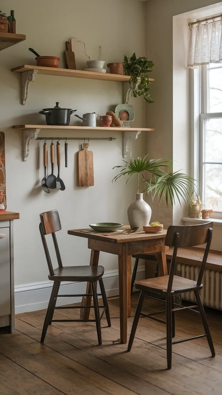 Sunlight streams into this charming cottage breakfast nook, the perfect spot for a leisurely morning in my English cottage kitchen.  The home aesthetic is pure bliss.