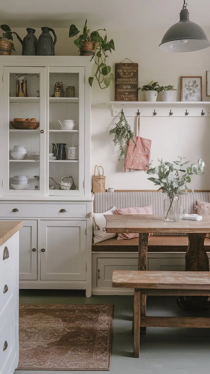 Sunlight streams into this charming cottage breakfast nook, the perfect spot for a leisurely morning in my English cottage kitchen.  The home aesthetic is pure bliss.