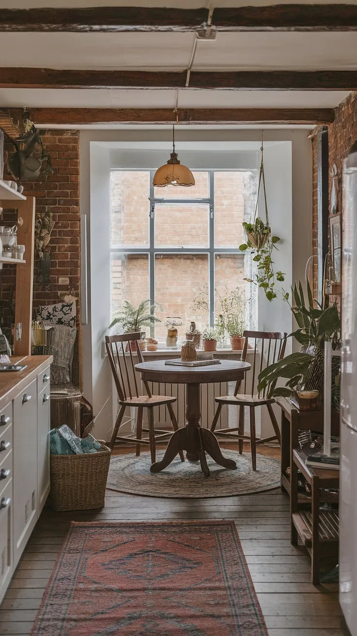 Sunlight streams into this charming cottage breakfast nook, the perfect spot for a leisurely morning in my English cottage kitchen.  The home aesthetic is pure comfort and simple elegance, making this kitchen nook and dining nook my favorite place to be.