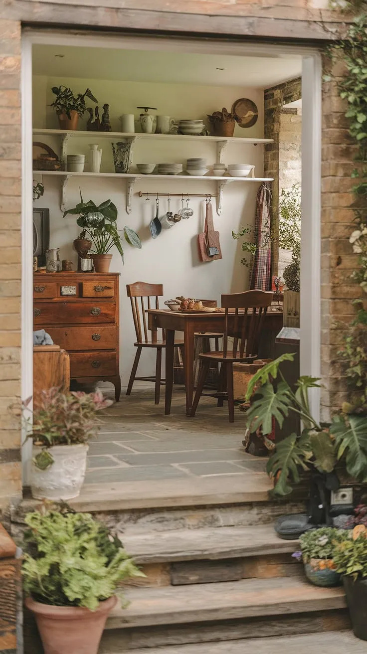 Sunlight streams into this charming cottage breakfast nook, the perfect spot for a leisurely morning in my English cottage kitchen.  The home aesthetic is pure bliss.