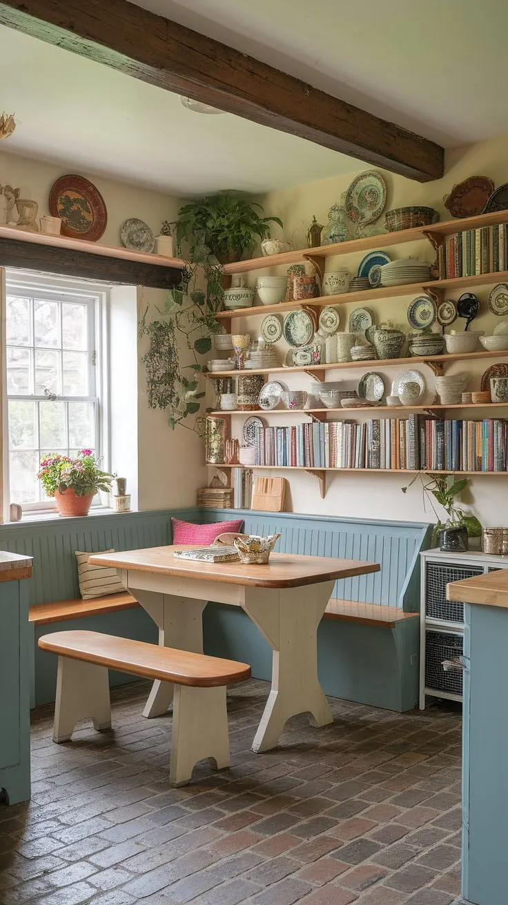 Imagine waking up to this view: a delightful cottage kitchen with a built-in dining nook, bathed in natural light.  The rustic wooden table and benches in this English cottage create the perfect spot for a leisurely breakfast. This home aesthetic is all about simple pleasures and timeless charm.
