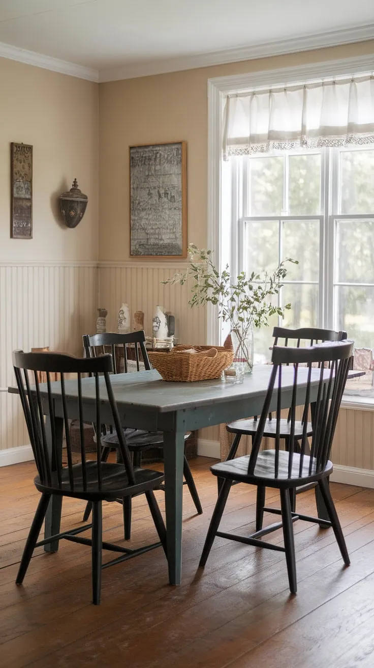 Charming beige walls and a wood floor highlight a vintage cottage dining room's farmhouse table and black chairs, bathed in natural light from a window.