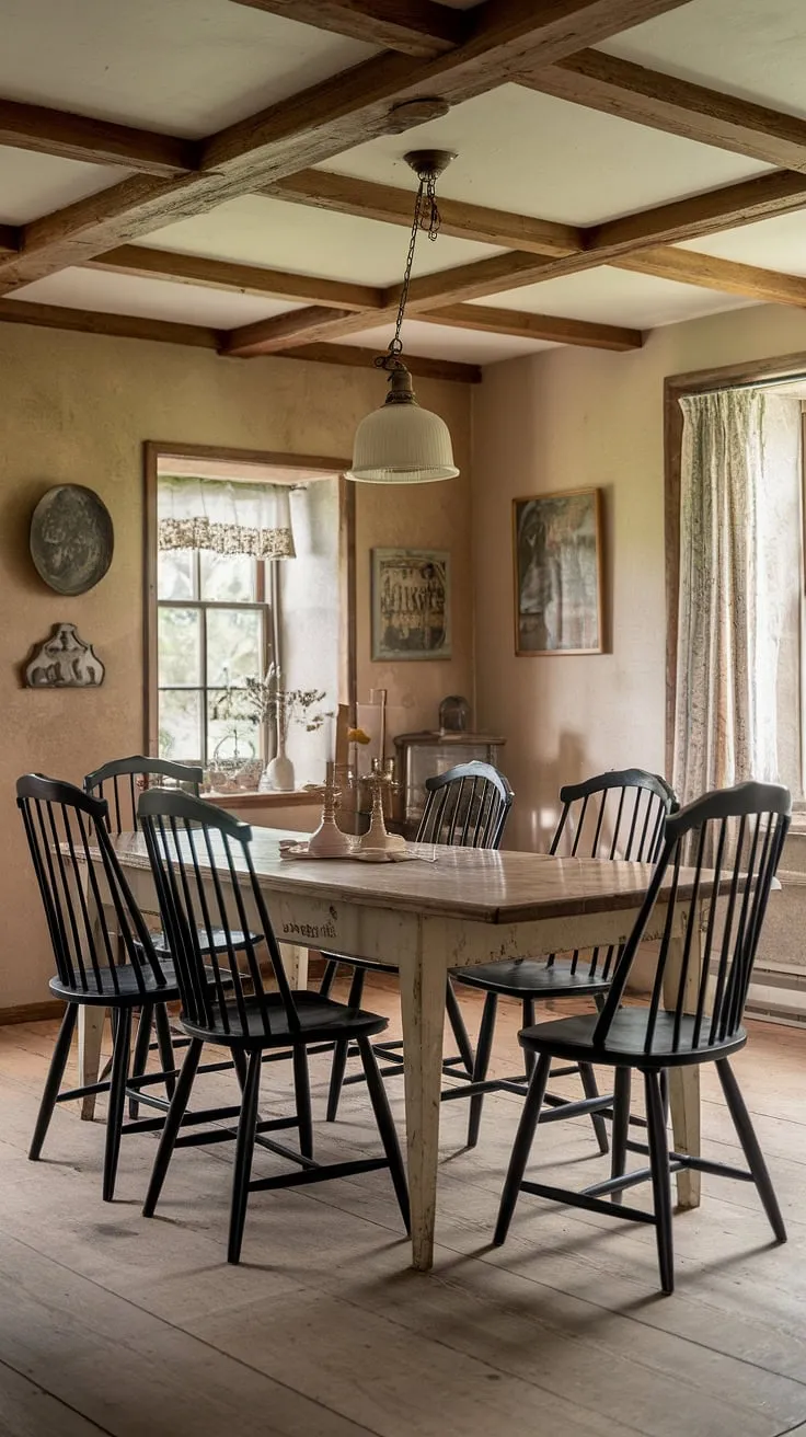 Rustic charm fills a cottage dining room, featuring a vintage farmhouse table, black spindle chairs, and wooden beamed ceilings.