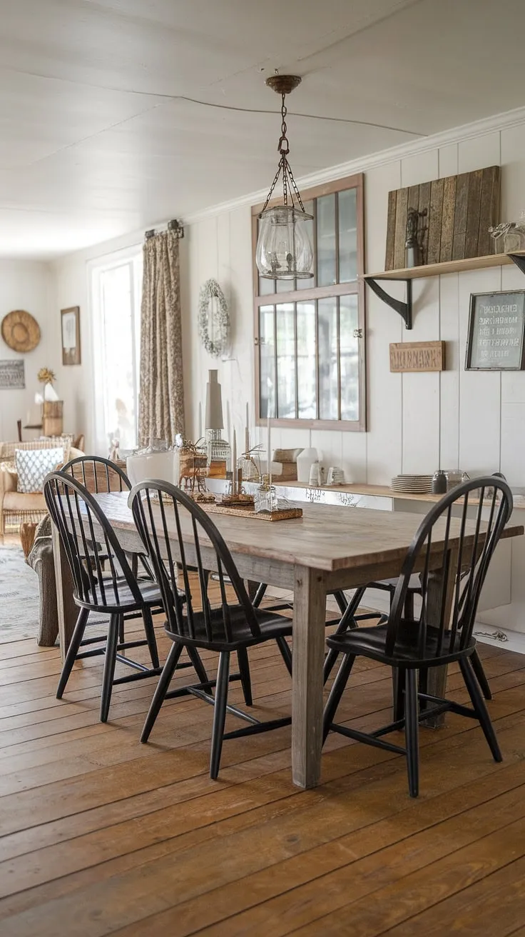 A vintage farmhouse dining room evokes cozy charm with its wooden table, black chairs, and simple decor