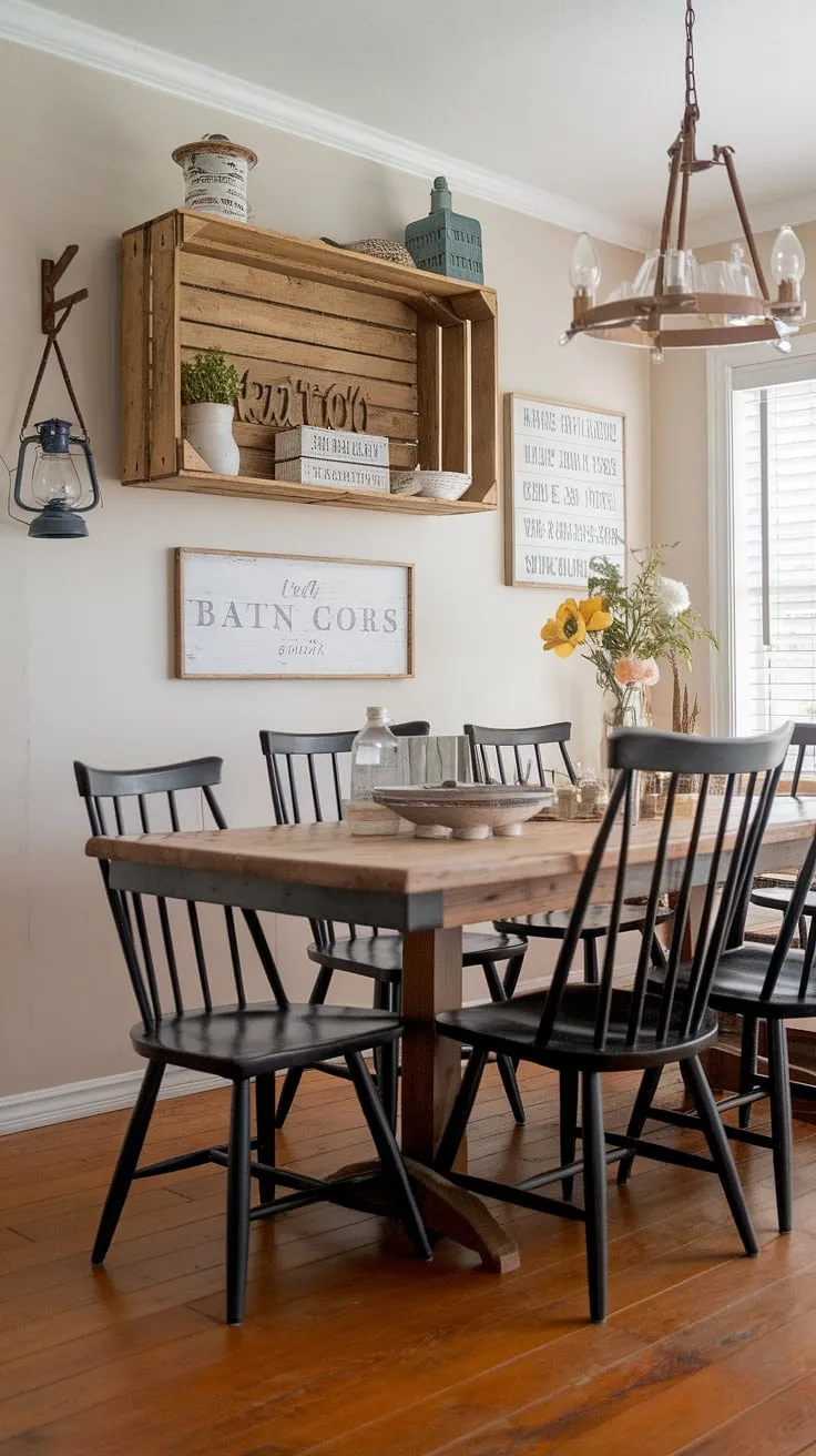 Black spindle chairs and vintage farmhouse accents create a cozy cottage dining experience in a wood-floored room.