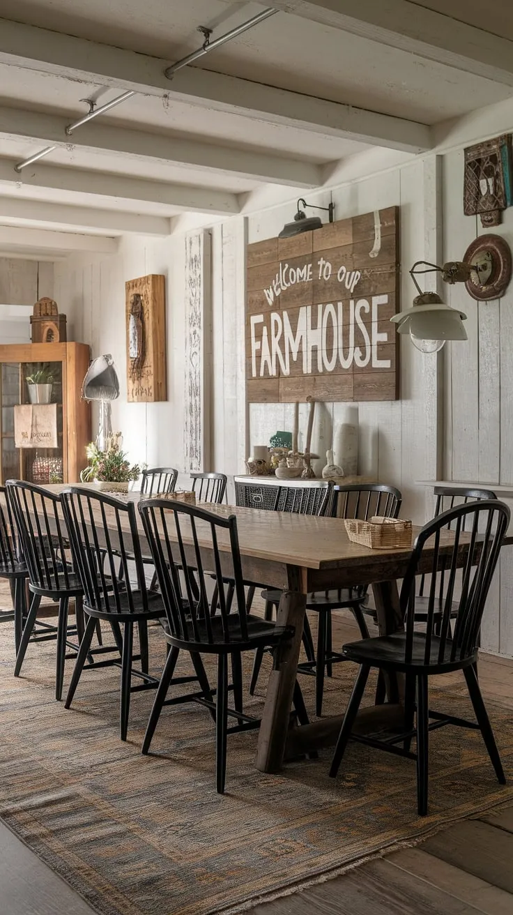 Elegant vintage charm fills a farmhouse dining room, complete with exposed beams and a welcoming atmosphere