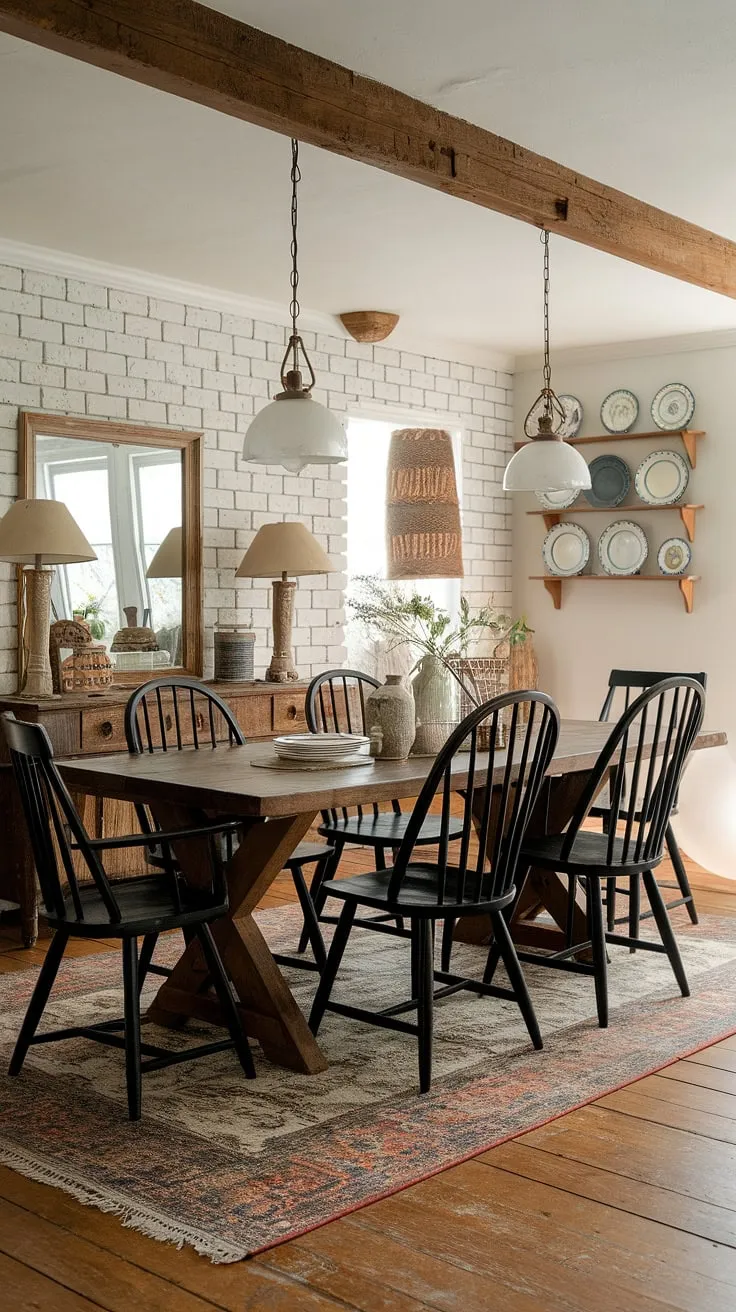 A white-brick cottage dining room evokes old-world elegance with a farmhouse table and black chairs.