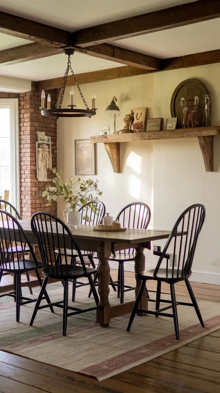 A vintage farmhouse dining room evokes a cozy cottage atmosphere with exposed beams and soft lighting
