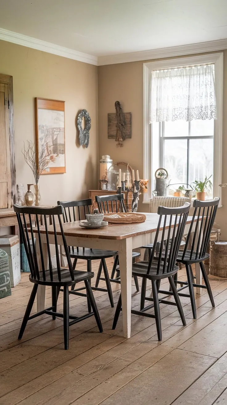 A beige-walled cottage dining room evokes vintage farmhouse style through its black spindle chairs and charming window details