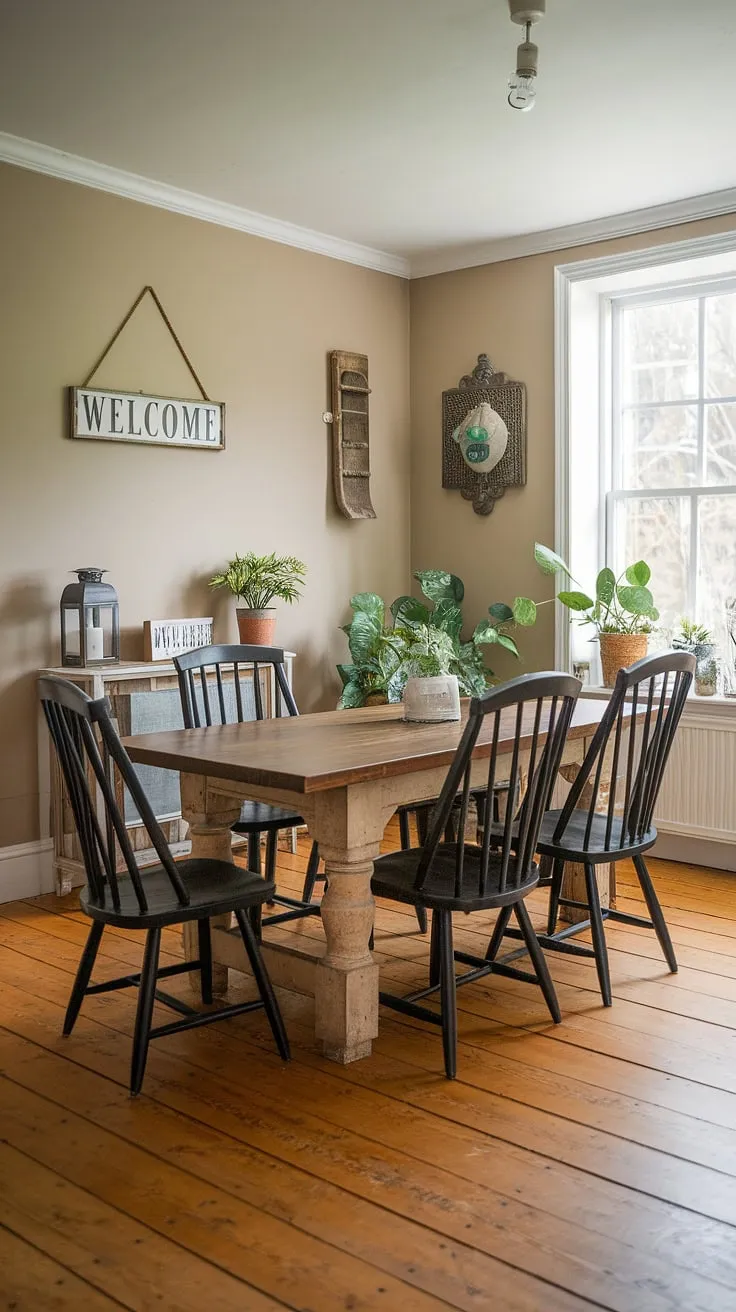 Sunlight streams into a charming cottage dining room, highlighting a vintage farmhouse table and black spindle chairs.
