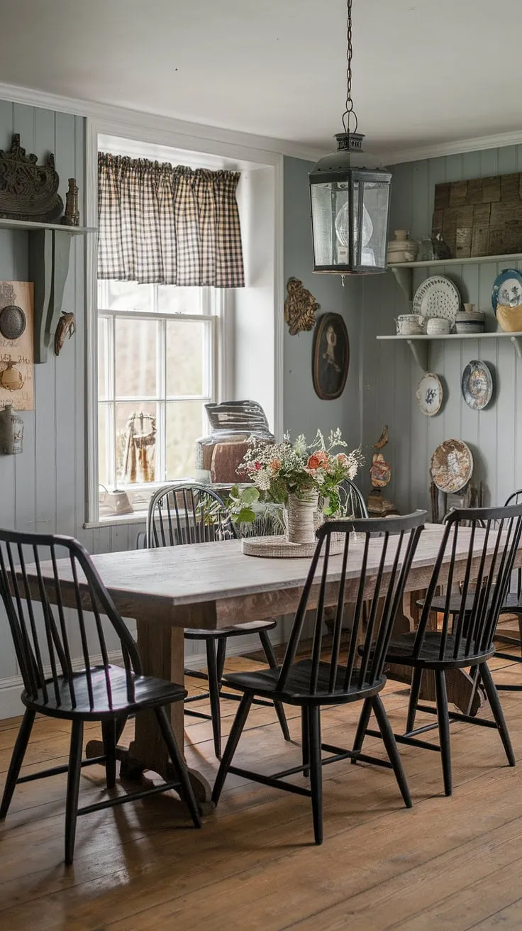 Antique décor and wooden floors create a quaint, inviting space in this vintage cottage dining room.