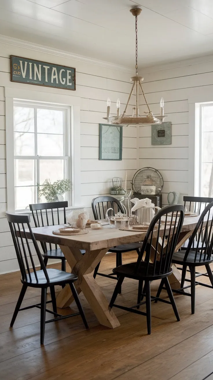 Elegant farmhouse charm fills a vintage cottage dining room with a wood table and black spindle chairs under a vintage chandelier