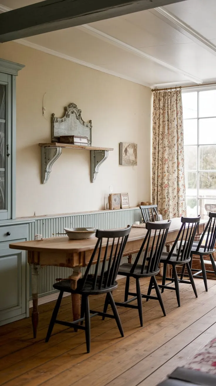 Elegant farmhouse charm fills a cottage dining room with a long wooden table and black spindle chairs
