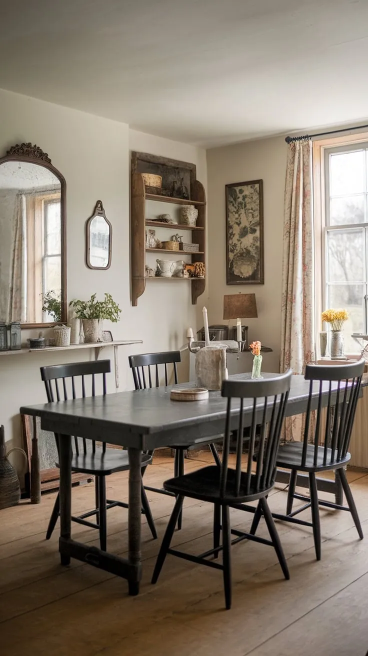 A sunlit cottage boasts a vintage dining room, featuring a farmhouse table and black spindle chairs.