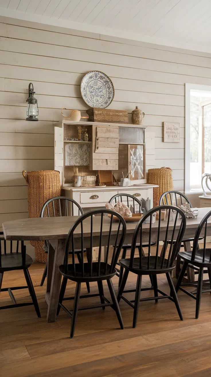 Elegant vintage farmhouse charm fills a cottage dining room with a shiplap wall, wooden floors, and black spindle chairs around a large table