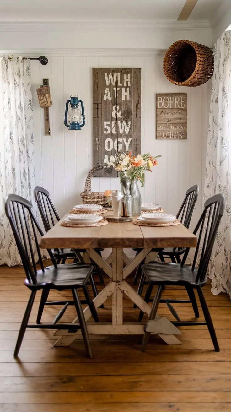A vintage cottage dining room evokes a charming, farmhouse atmosphere with its distressed wooden table and black spindle chairs.