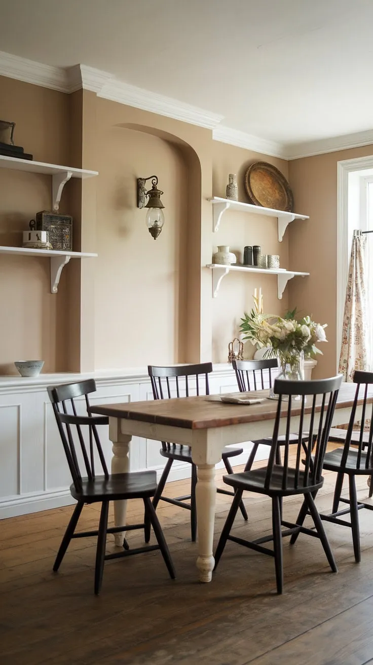 Rustic charm fills a cottage dining room, featuring a farmhouse table, black chairs, and vintage details.