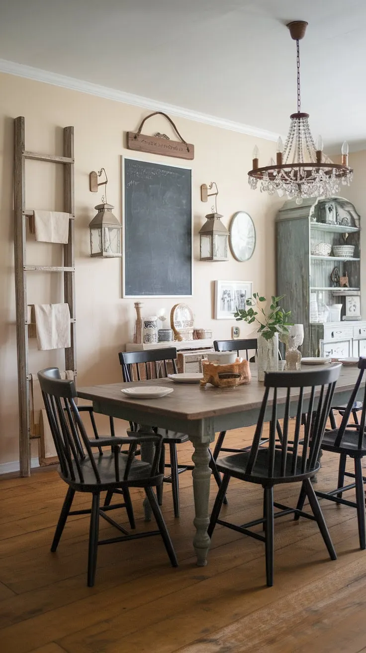 Rustic charm fills a vintage cottage dining room, complete with a farmhouse table, black chairs, and charming wall decor.