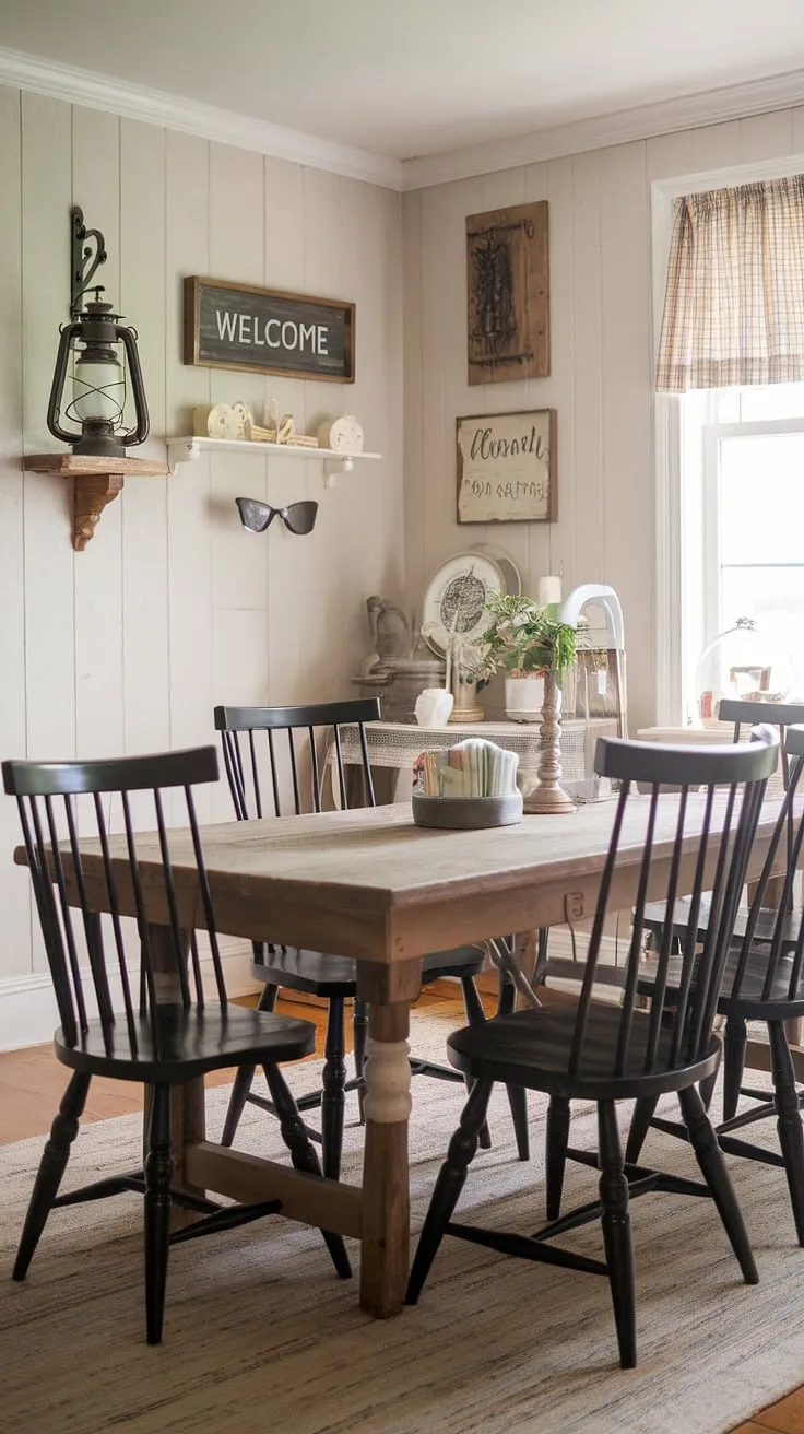 Rustic charm fills a vintage cottage dining room, complete with a farmhouse table and black spindle chairs.